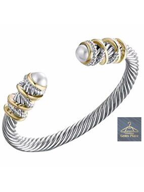 Stainless Steel Twisted Cable Cuff Bracelet with Shell Pearls, Adjustable 6"